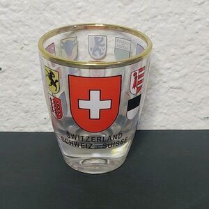 VINTAGE SWITZERLAND CRESTS GOLD TRIMMED SHOT GLASS